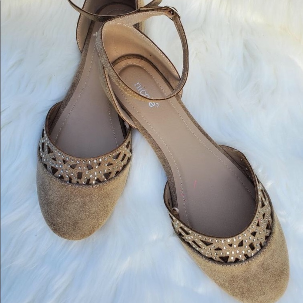 Nicole flats! Tan with rhinestone embellishment